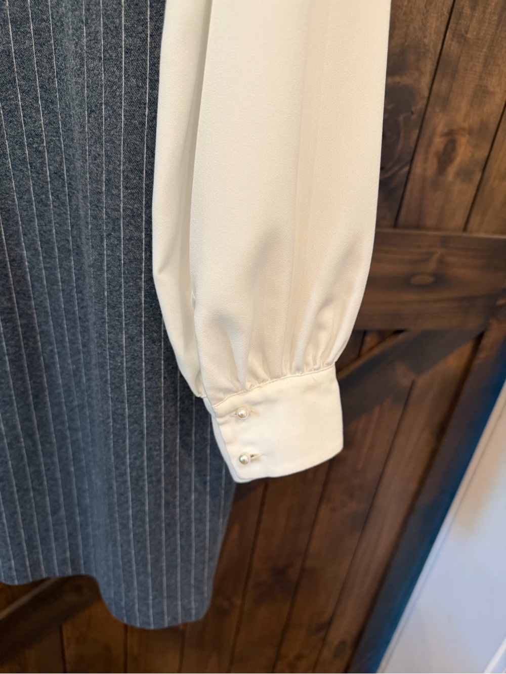 Karl Lagerfeld Gray Pinstriped Shift Dress with White Collar and Sleeves - Picture 3 of 4